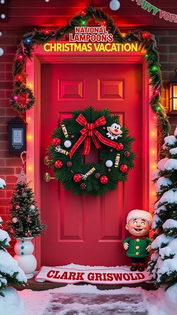 A Christmas door decorated with lights, a wreath, and humorous elements from National Lampoon